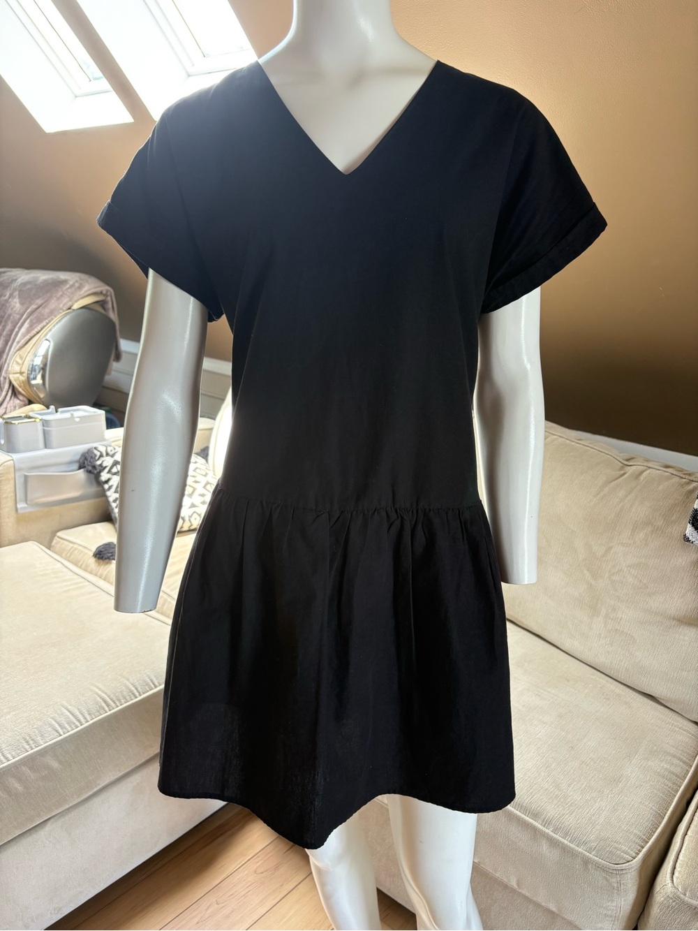 Pinch Cee Cee Short Sleeve Black Mini Dress with Pockets Cotton Lined Sz Medium